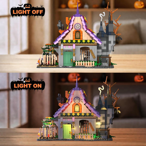 Set Set 1200 14 Magic House for Witches and Witches Building with Lights, Over Halloween Haunted House Building Blocks
