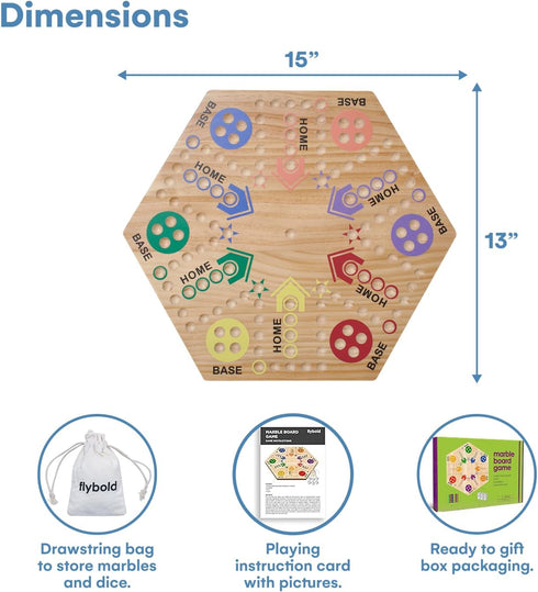 Set 6-Player Flybold Wooden Marble Board Game for Adults and Kids - Classic Strategy Game with Dice and Storage Bag