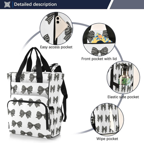 YANENDIE Backpack, Backpack Backpack Buffalo Plaid Bows Black White Diaper Bag Unisex Travel Baby Diaper Bags