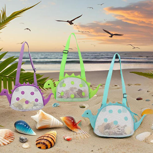 AUONY Swimming Beach Toy Mesh Beach Bag Kids Shell Bag Dinosaur Beach Sand Toy Totes for Holding Shells Beach Toys Sand