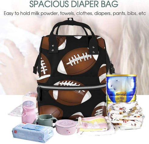 ZSUUGJ Backpack Brown Football On Black Printed Diaper Bag Baby Bag Multi Function Baby Changing Bags For Travel