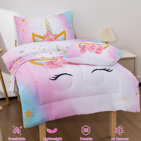 Girls,5 3D Set 2 Pillowcases,1 Sheet,1 42" 57") JQinHome Toddler Comforter for Piece Bed in A Bag Unicorn Theme Bedding