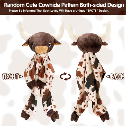 Longhorn Baby Security Blanket Lovey Baby Shower Cow Spotted Cowhide Print Stuffed Cow Snuggler First Birthday Unisex