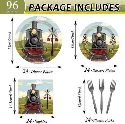 96 Set 24 Pcs Train Paper Plates and Napkins Party Supplies Steam Train Birthday Disposable Tableware Retro Trains