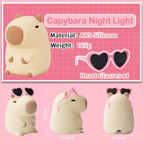 Attivolife Summer Capybara Night Light, Portable Silicone Lamp for Girls, Funny Bathroom Decor, Pink Glasses