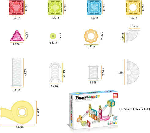 PicassoTiles Magnet Tiles Building Block Travel Size Magnetic Marble Run Construction Toy Set, 45 pc Education Kit