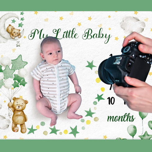 Sleeping Bear Monthly Baby Milestone Blanket Bear Star Balloon Flannel for Boys Girls Nursery (Green)
