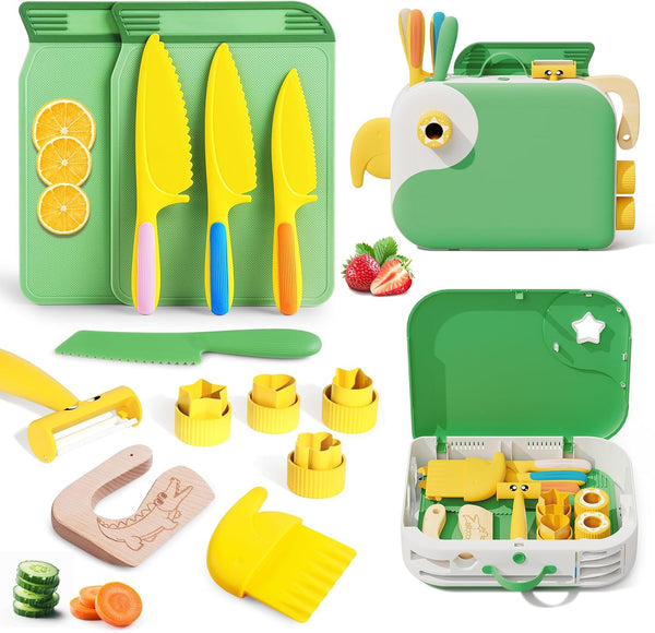 Kids Kitchen Knife Set for Real Cooking with Storage Box Green, Montessori