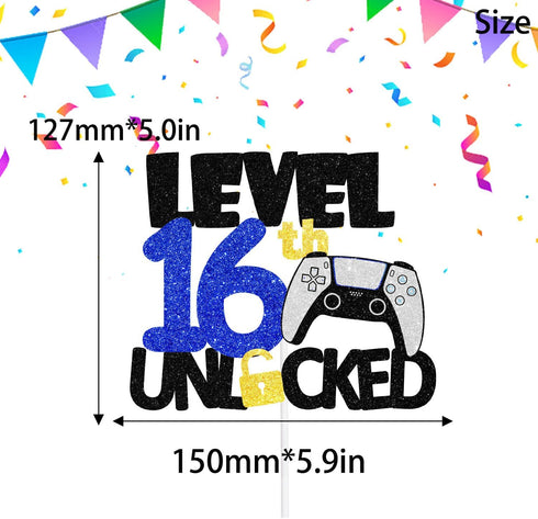 Game Level Up 16th Birthday Cake Topper, Video Game Night Party, Black White Blue (1)