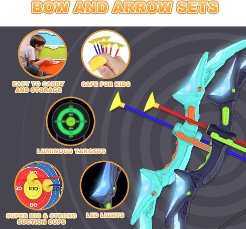 2 Pack Kids Bow and Arrow Set with LED Flash Lights, 14 Suction Cup Arrows, Indoor and Outdoor Archery Toy Gift for