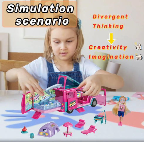 Doll Camper Van Playset for Girls, Portable Doll Car Play with Doll Furniture, Pool & Accessories
