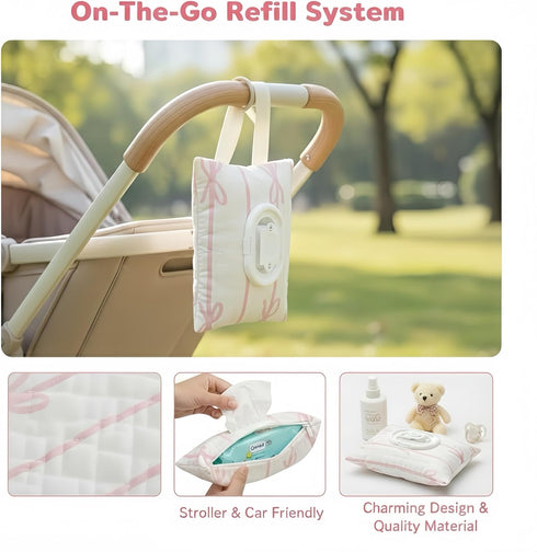 WEIMU Baby Wipes Dispenser with Bow, Refillable Hanging Wet Wipe Pouch, Portable Diaper Wipe Holder for Travel, Car
