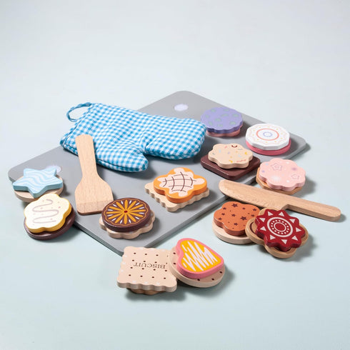 28pcs Playset, Set Wooden Cookie Maker Toy Kitchen Accessories, Kids Play Kitchen Cutting and Baking Food Toys Cookies