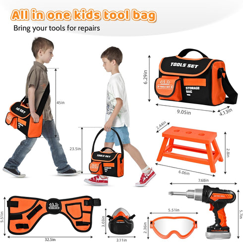 Set Set 49 3-8, Toddler Tool & Kids Tool PCS with Electric Drill, Portable Storage Bag & Adjustable Belt - Construction