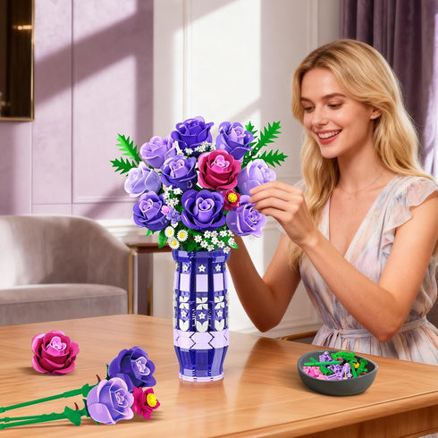 Set 17 CUBIMANA Purple Roses Flowers Building with Vase & LED Light, Mini Flowers Bouquet Building Blocks Toy
