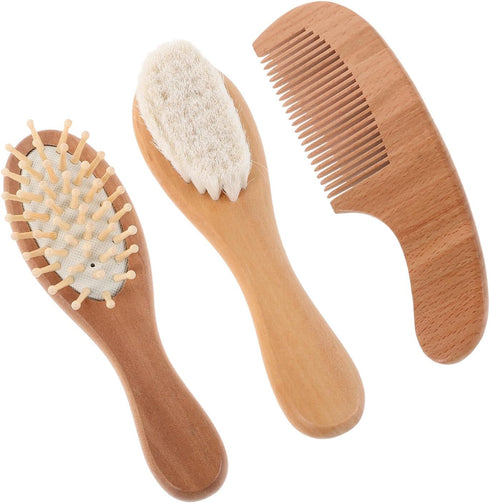 s Wool Hair Brush and Comb Set for Newborns, Soft Natural Wool