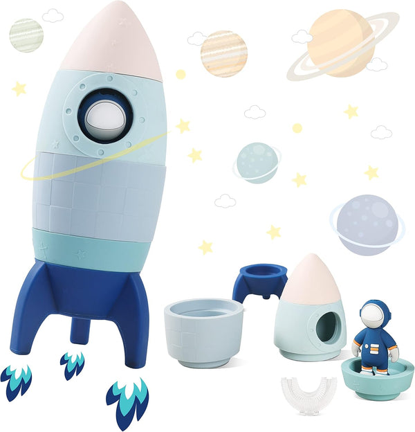 Silicone Rocket Stacking Toy, Space Rocket Teething Toy, Early Learning Stacking Tower for Infants (Blue)