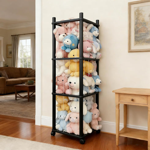 Wooden Stuffed Animal Zoo Storage - Sturdy Solid Wood Toy Organizer with Lockable Wheels, Easy-Assemble/Clean, Large