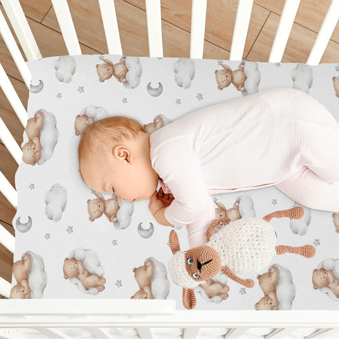 KICPOAY 52 28 Fitted Crib Sheets White Bears with Clouds Stretchy Portable Playard Sheets for Baby Toddler, Breathable