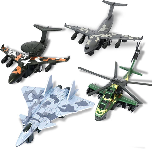 4PCS Army Airplane Toys Set - Diecast Military Fighter Jet Playset Helicopter Pull Back Aircraft for Kids 3+