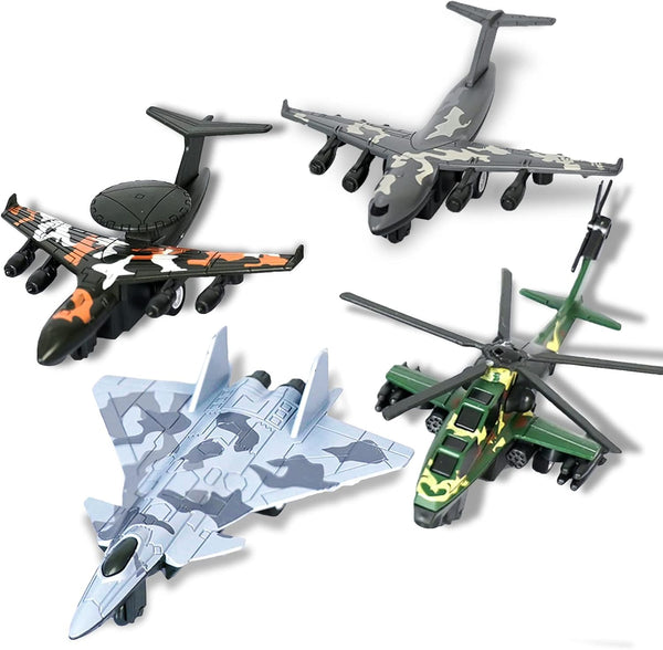 4PCS Army Airplane Toys Set - Diecast Military Fighter Jet Playset Helicopter Pull Back Aircraft for Kids 3+