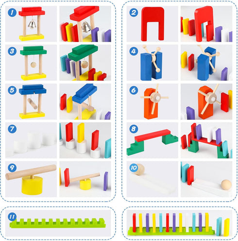 1000 Set 11 10 PCS Dominoes for Kids with Extra Blocks, Wooden Building Blocks Colors Dominoes Racing Tile Games