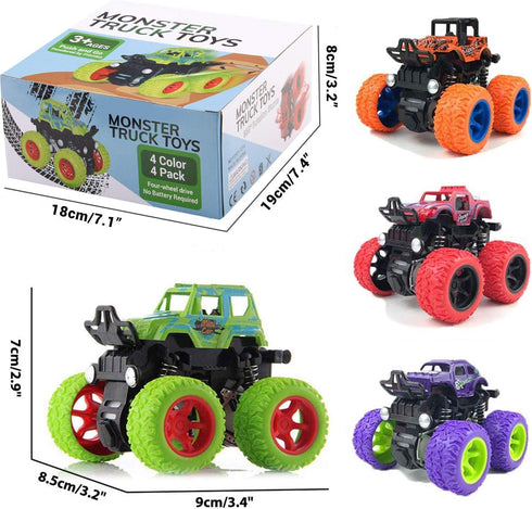 4 Pack Monster Truck Toys, Friction Powered Push and Go Toy Cars, Inertia Car Toy Set for Boys and Girls
