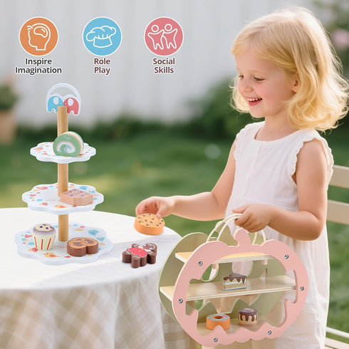 Set, Playset 3-6 CUTE STONE Wooden Toy Tea Party Kids Dessert with Double-Sided Holiday Stand, Cupcake Stand, Pretend