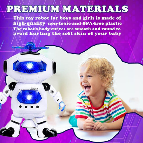 Toysery Walking Robot Toys for Kids, 360° Spinning Dancing Robot with LED Lights and Music, Interactive Electronic Toy