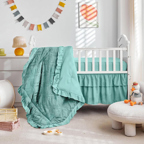 Set 3 Tufted Ruffle Crib Bedding Pieces Baby Girls Boys Boho Quilted Comforter with Fitted Sheet and Bed Skirt - Cute