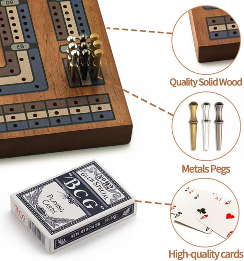 Set, 9 Wooden Cribbage Board Game Travel Cribbage Board with Storage and Collapsible, with Magnetic Lock / Metal