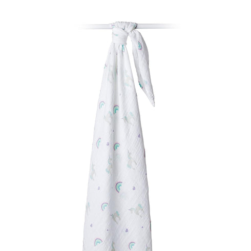 Lulujo Baby 100% Cotton Muslin Swaddle Blanket, 47 x 47-Inches, Rainbows and Unicorns Design