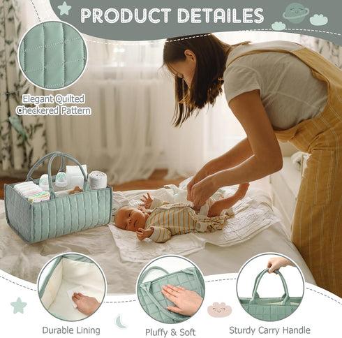 Huhumy Checkered Baby Diaper Caddy, Puffy Nursery Storage Organizer for Diapers & Babies Wipes, Large Quilted Tote Bag