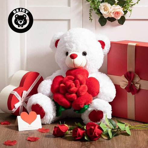16 inches BEJOY Teddy Bear Stuffed Animals Plush Bear Holding Rose Soft Plush Toy Gifts White