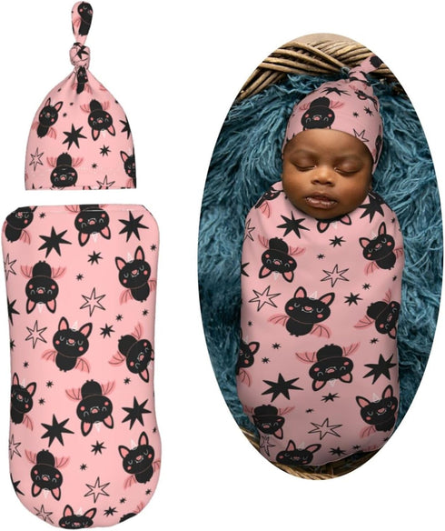 Halloween Cute Cartoon Bat Newborn Swaddle Blanket with Beanie Set Soft Baby Sleep Sack Stretch Adjustable Swaddle Wraps Receiving Blankets by AuHomea