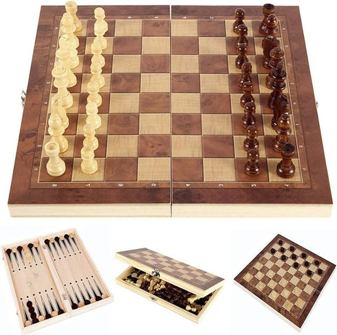 Folding Storage Wooden Chess Set, 3 in 1 Chess Board Game for Adults and Kids (Chess, Backgammon, Checkers)