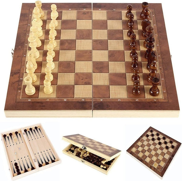 Folding Storage Wooden Chess Set, 3 in 1 Chess Board Game for Adults and Kids (Chess, Backgammon, Checkers)
