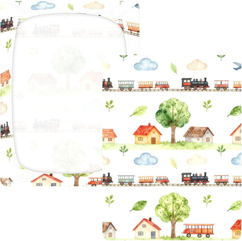 CZXW 52" 28" Watercolor Trains Airplanes Houses Crib Sheets Fitted x Natural Cotton Soft & Breathable for Baby Crib