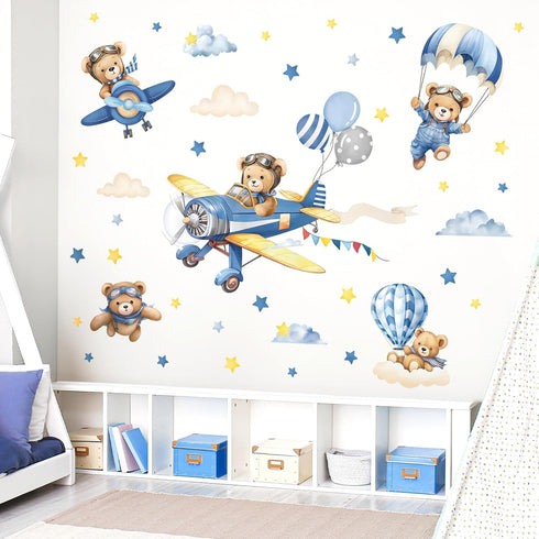 decalmile Airplane with Animals Wall Stickers Hot Air Balloon Bear Clouds Wall Decals Baby Nursery Kids Bedroom Living