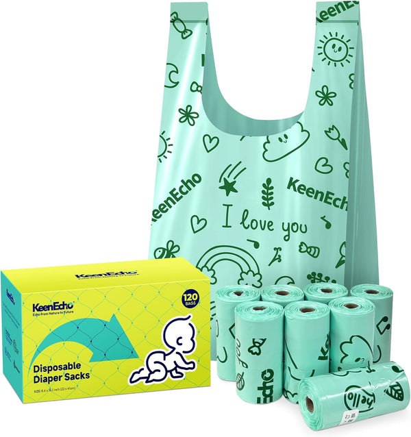 Disposable Diaper Bags with Handles 120 Count (8 Rolls), Leak-Proof Diaper Trash