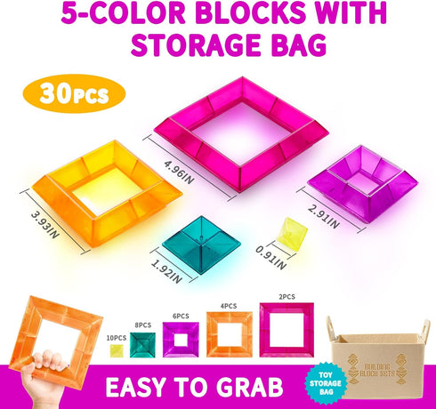 Set 30 3+, Translucent Building Block with Toy Storage Bag, Pcs Light-Passing Stacking Toys for Kids Ages STEM