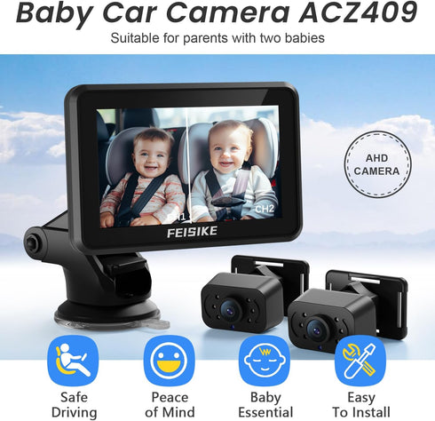 FEISIKE Baby Car Camera with 1080P Dual-Channel, 5 inch Display, 2 IR Night Vision Cameras for Rear Facing Seat