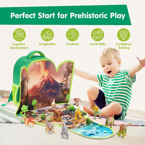 3-5 Backpack Set 3D 4 4-8 COCO&Friends Dinosaur Toys for Kids - Portable Dinosaur Play with Foldable Mat, Pretend Play