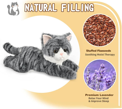 Gray Tabby Cat Stuffed Animals, Microwavable Stuffed Animal Adorable Fluffy Cat Plush for Warmth & Comfort, Heatable