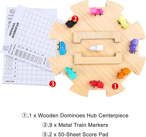 Set 9 100-Sheet 2-8 Mexican Train Dominoes Accessories with Wooden Hub (Felted Bottom) - Includes Metal Train Markers