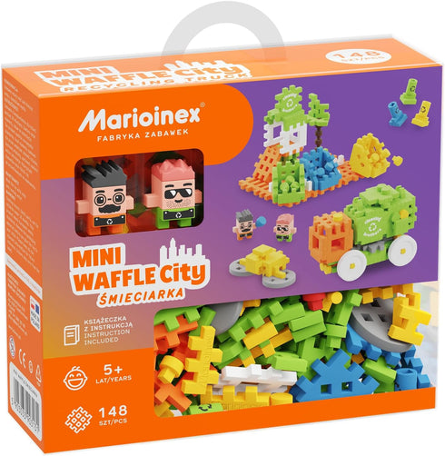 Mini Waffle City Garbage Truck Construction Playset with 148 Flexible Blocks and 2 Characters - STEM Montessori Toys