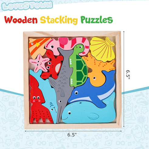 LovesTown 12PCS Wooden Stacking Puzzles, Educational Sea Animal Chunky Jigsaw Puzzles for Kids
