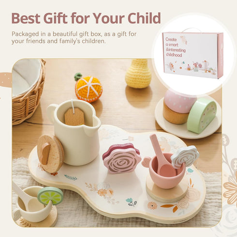Ikubigu Set Set 15PCS Set Set Tea Party for Kids - Wooden Tea for Little Girls Silicone Toddler Tea Kitchen Accessories