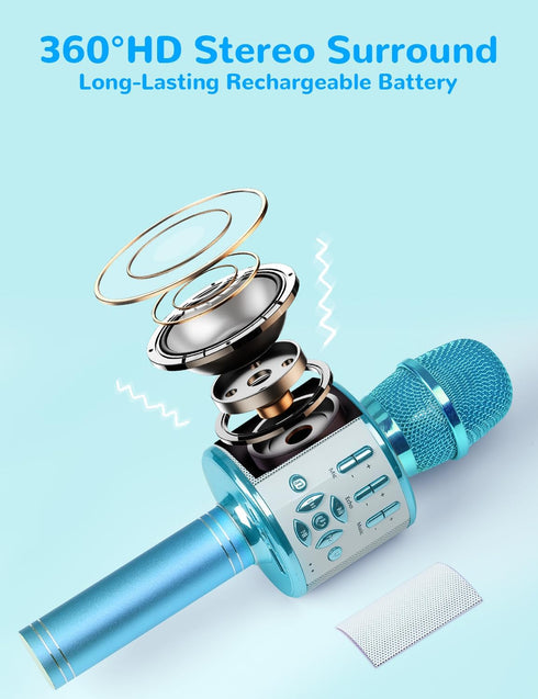Amazmic Kids Karaoke Microphone Machine Toys for Girls Bluetooth Microphone with LED Light, Birthday Gift for Girls Boys 3 4 5 6 7 8 9 10 11 12 Year Old Kids Toys(Blue)