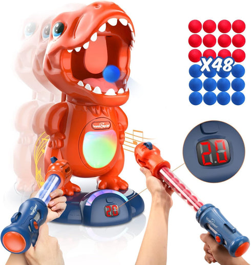 Movable Dinosaur Shooting Toys for Kids with 2 Air Pump Guns, LED & Sound, 48 Foam Balls for Target Practice